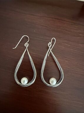 Silver Teardrop Hoop Earrings with White Faux Pearl Accent
